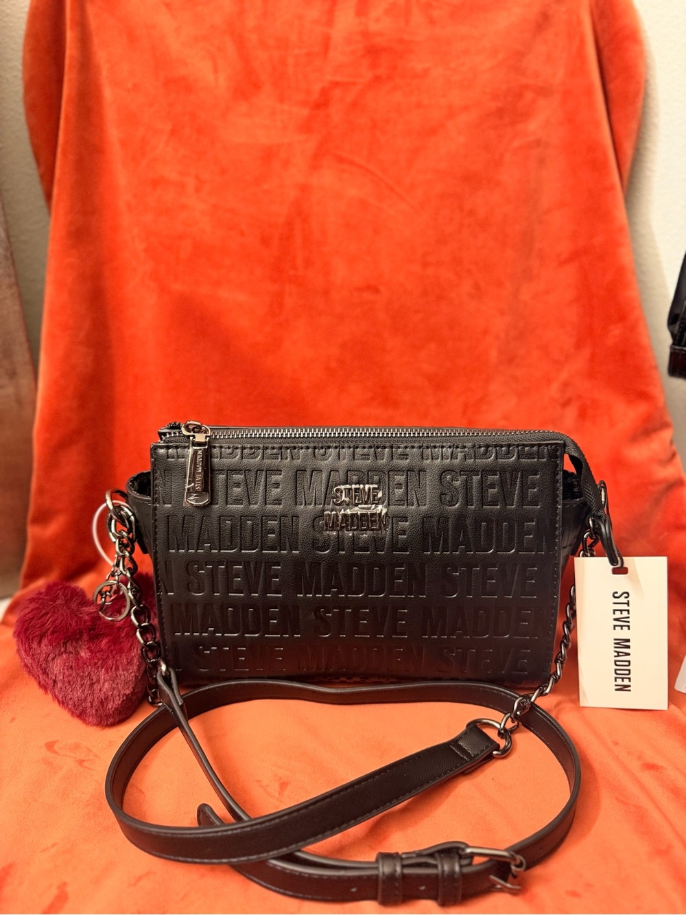 Steve Madden Black Embossed Logo Crossbody with Heart Charm